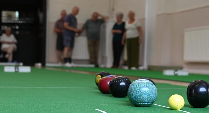 A short mat bowls session in progress in the Main Hall